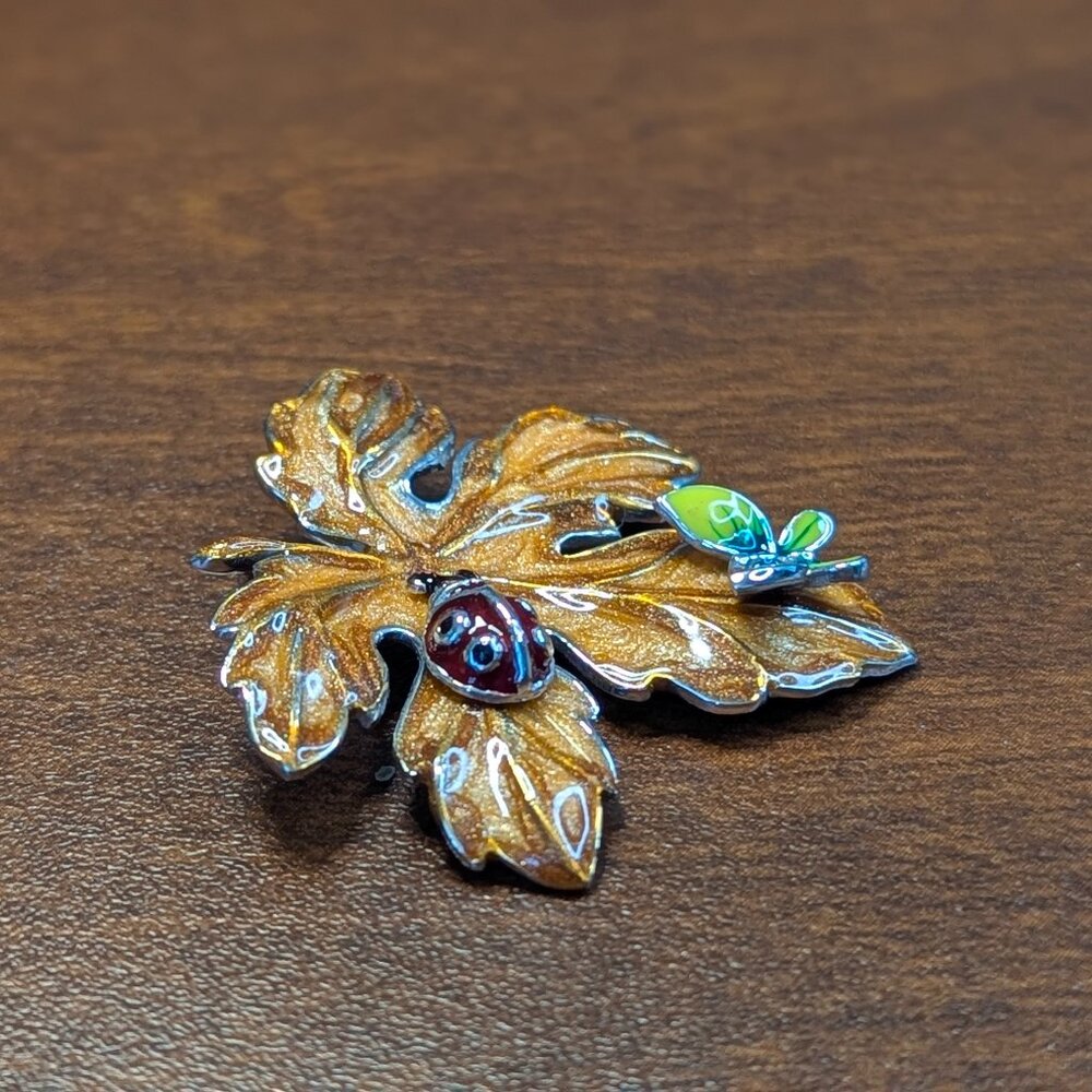 Pendant Multicolored Enamel Leaf with Lady Beetle and Butterfly 925